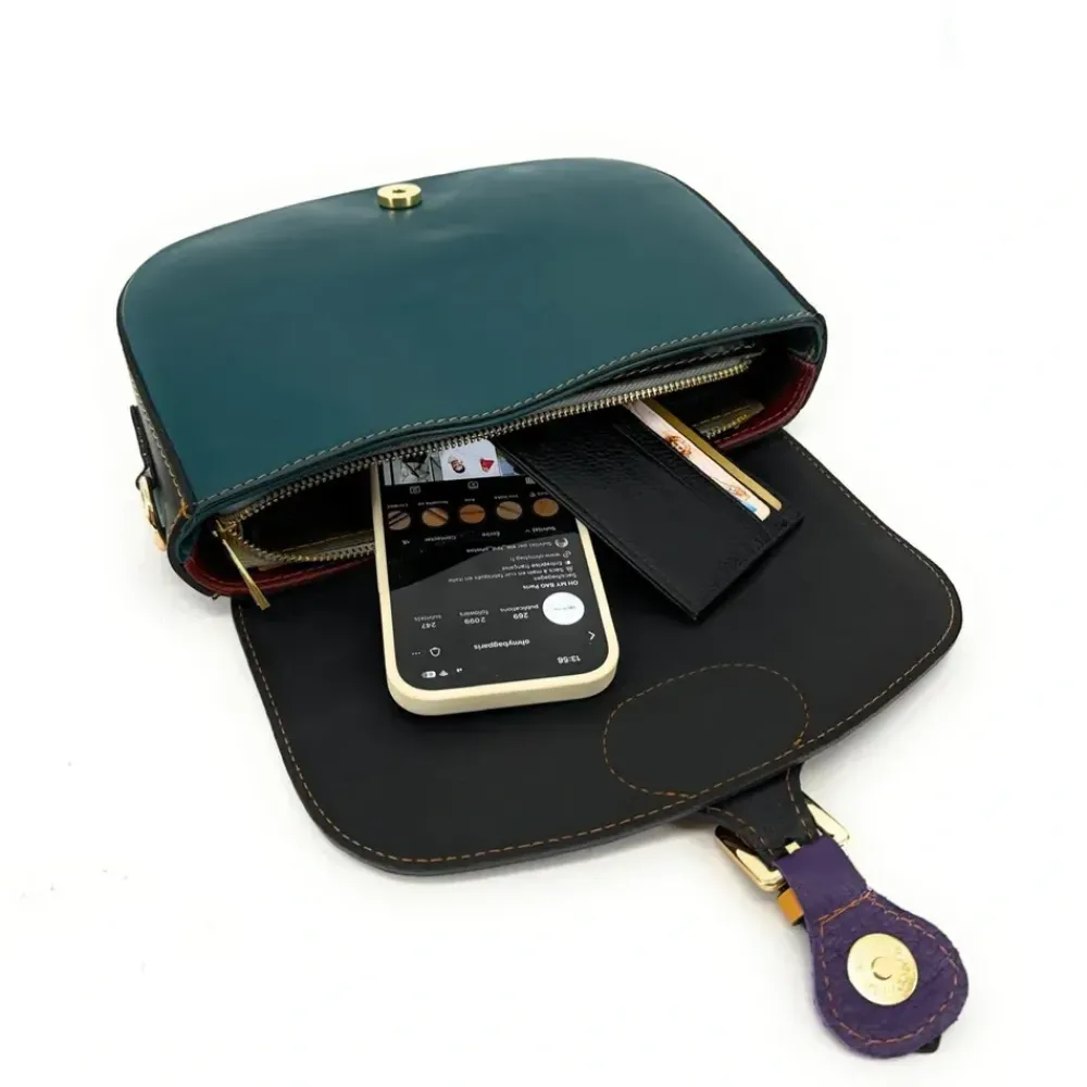 OH MY BAG Sacs Trotteurs, Sacs Camera-Sac trotteur en cuir lisse ONLY MADDY Noir et Bleu vert canard unique